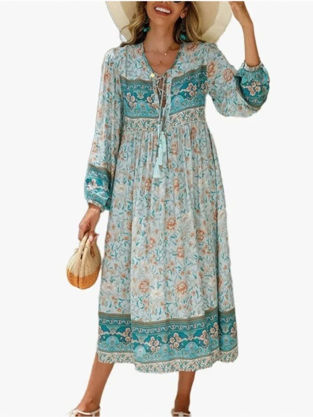 Floral Bohemian Maxi Dress - Blue and Cream 2XL Floral Cottagecore Bohemian XXL